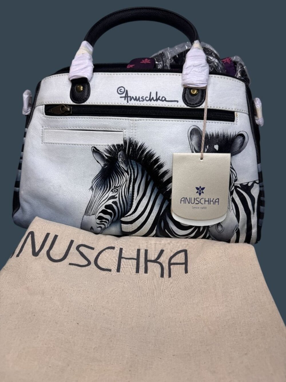 NWT Anuschka Zebra Hand Painted Leather Satchel Crossbody Bag 7368-ZBC Dust Bag - Picture 2 of 11